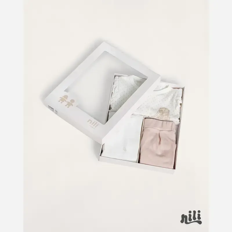 ست 3 تیکه جعبه ای نوزادی طرح خرگوش صورتی نخ پنبه سایز 0 تا 3 ماه