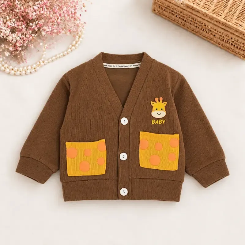ژاکت بافت فانتزی بچگانه طرح زرافه قهوهای